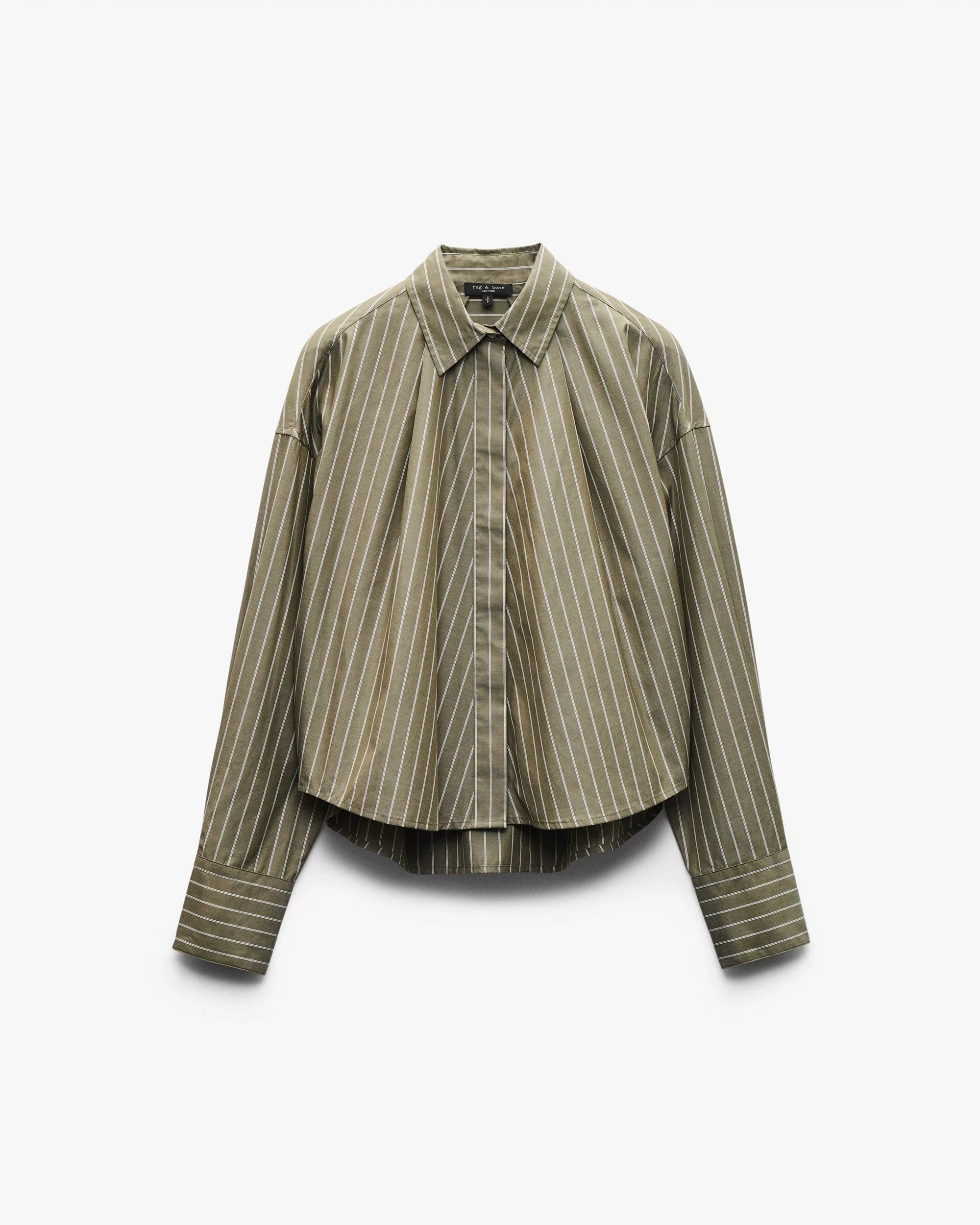 The martha poplin striped shirt by Rag & Bone features olive green cotton poplin with vertical white pinstripes, a button-down front, wide cuffs, and a loose, boxy fit with a slightly cropped hem for effortless style.