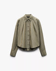 The martha poplin striped shirt by Rag & Bone features olive green cotton poplin with vertical white pinstripes, a button-down front, wide cuffs, and a loose, boxy fit with a slightly cropped hem for effortless style.