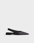 The Rag & Bone mercer slingback flat is a black leather shoe with a pointed toe, ruched elastic strap, and cushioned footbeds, shown from the side on a plain white background.