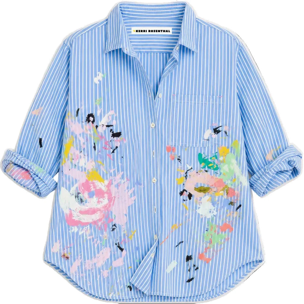 Blue and white striped shirt with rolled sleeves and hand-painted design, Kerri Rosenthal Mia Happimess Studio.