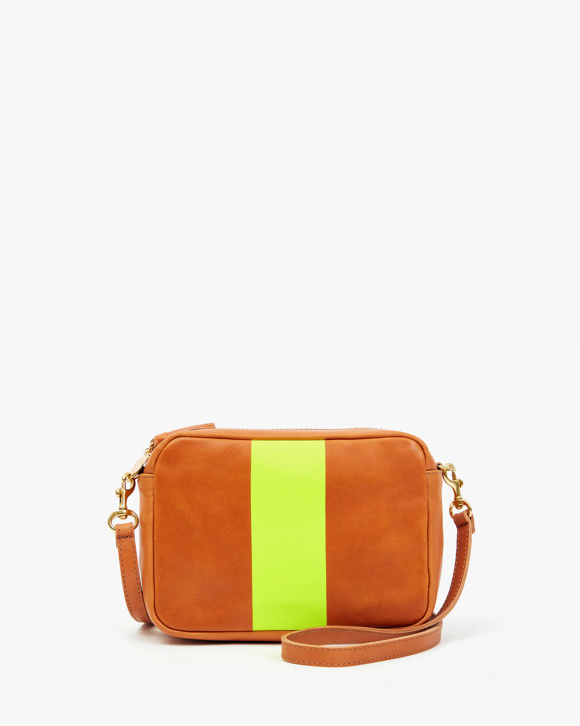 A brown handwoven leather shoulder bag with a bright yellow-green vertical stripe in the center. The rectangular crossbody bag, Claire Vivier Midi Sack, has a detachable strap with gold-tone clasps and a zipper closure on top. The background is plain white, making it perfect for day-to-night use.