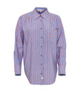 The relaxed fit Miles Shirt by Hunter Bell NYC showcases blue and red beach stripes, a collar, long sleeves, a button front, and a practical left chest pocket. The shirt is elegantly displayed against a white background.