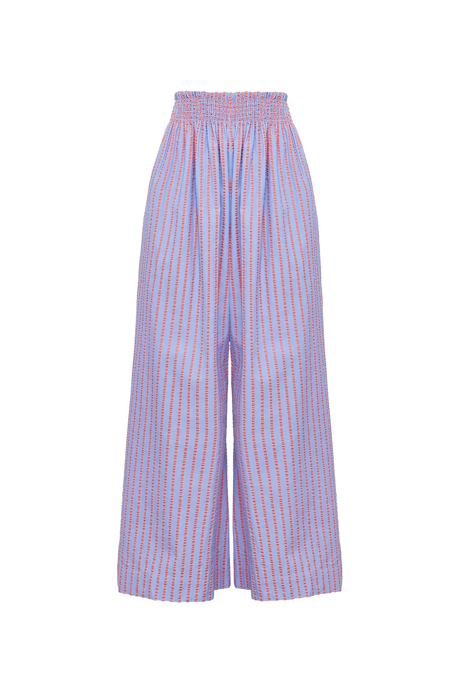 The Hunter Bell NYC Dasha Pant features a smocked waist with a blue and red beach stripe pattern. Its lightweight fabric ensures a breezy, relaxed fit ideal for casual outings.