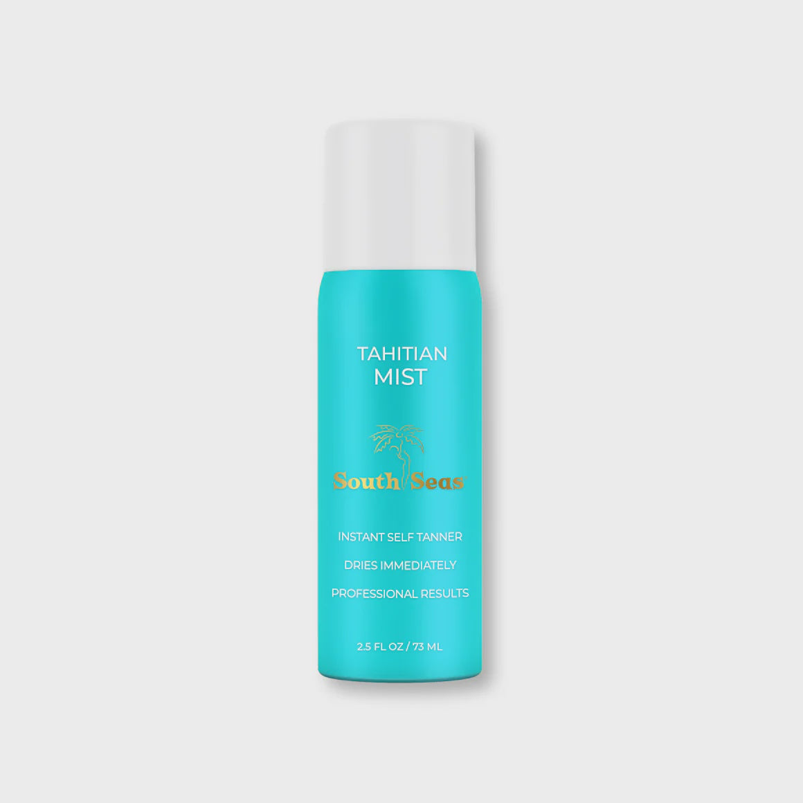 A 2.5 FL OZ turquoise bottle of "Mini Tahitian Mini Mist" by South Seas Skincare has a white cap and offers a mahogany glow. The label says "Instant Self Tanner, Dries Immediately, Professional Results.