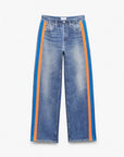 The Rag & Bone Miramar Terry Track Pant Pull On features a trompe l’oeil denim effect with blue and orange vertical stripes, standard pockets, and belt loops—combining the look of wide-leg jeans with the comfort of track pants. Limited edition.