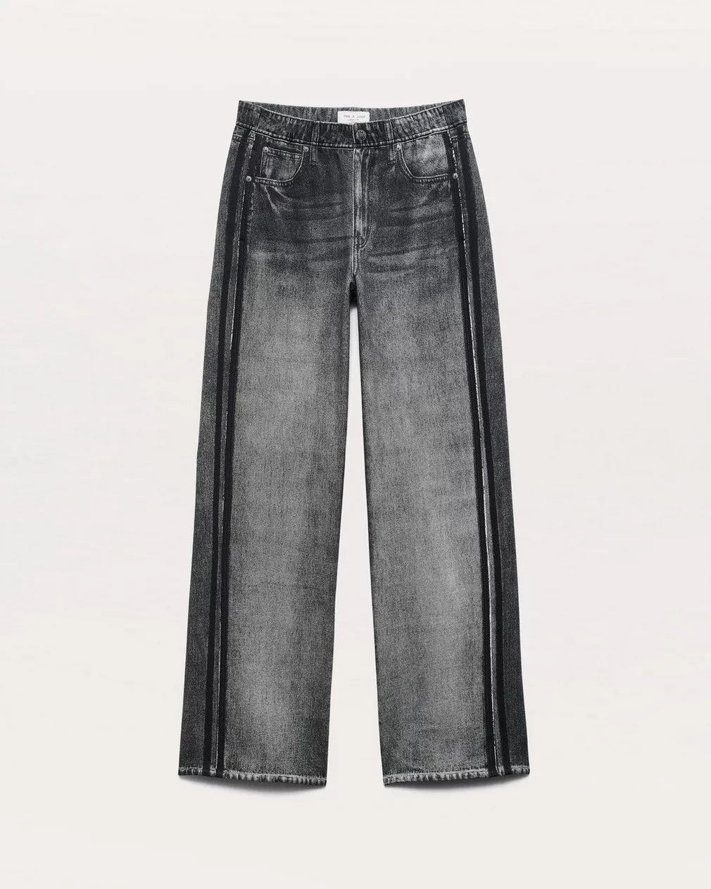 The Rag & Bone Miramar Wide Leg Track Pant features a high waist, wide-leg fit, black faded denim look, vertical front seams, five pockets, and raw-cut hems.