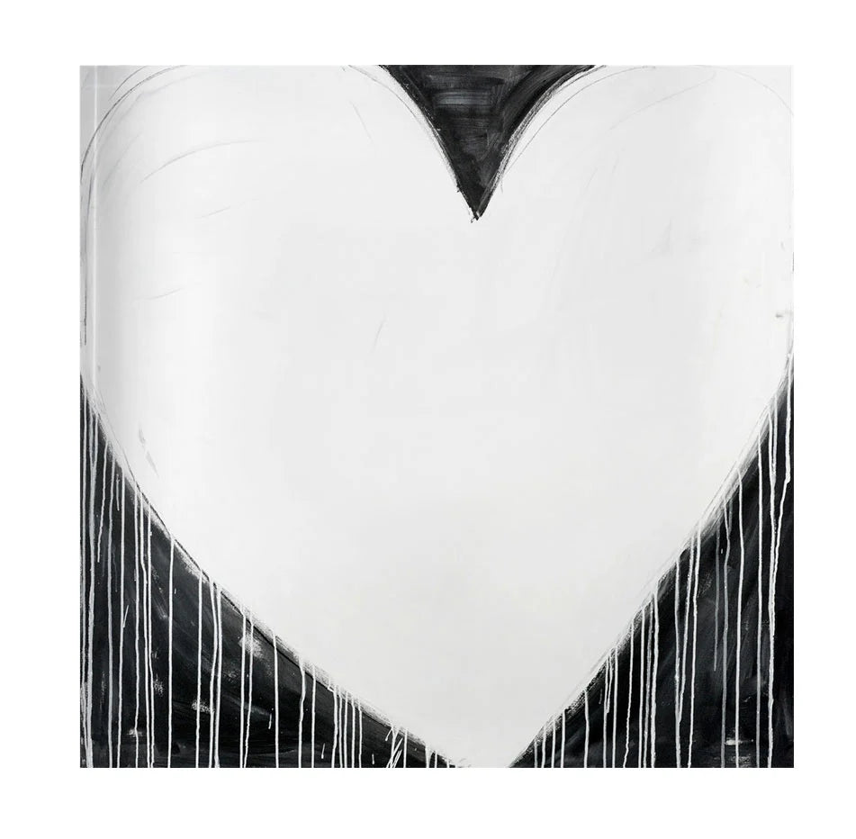 The "Modern Love Hunk of Love 4x4" by Kerri Rosenthal features a large white heart adorned with black accents on a deep black background, enhanced by paint drips that add texture and sophistication. Its abstract and monochromatic style makes it an ideal match for neutral decor.