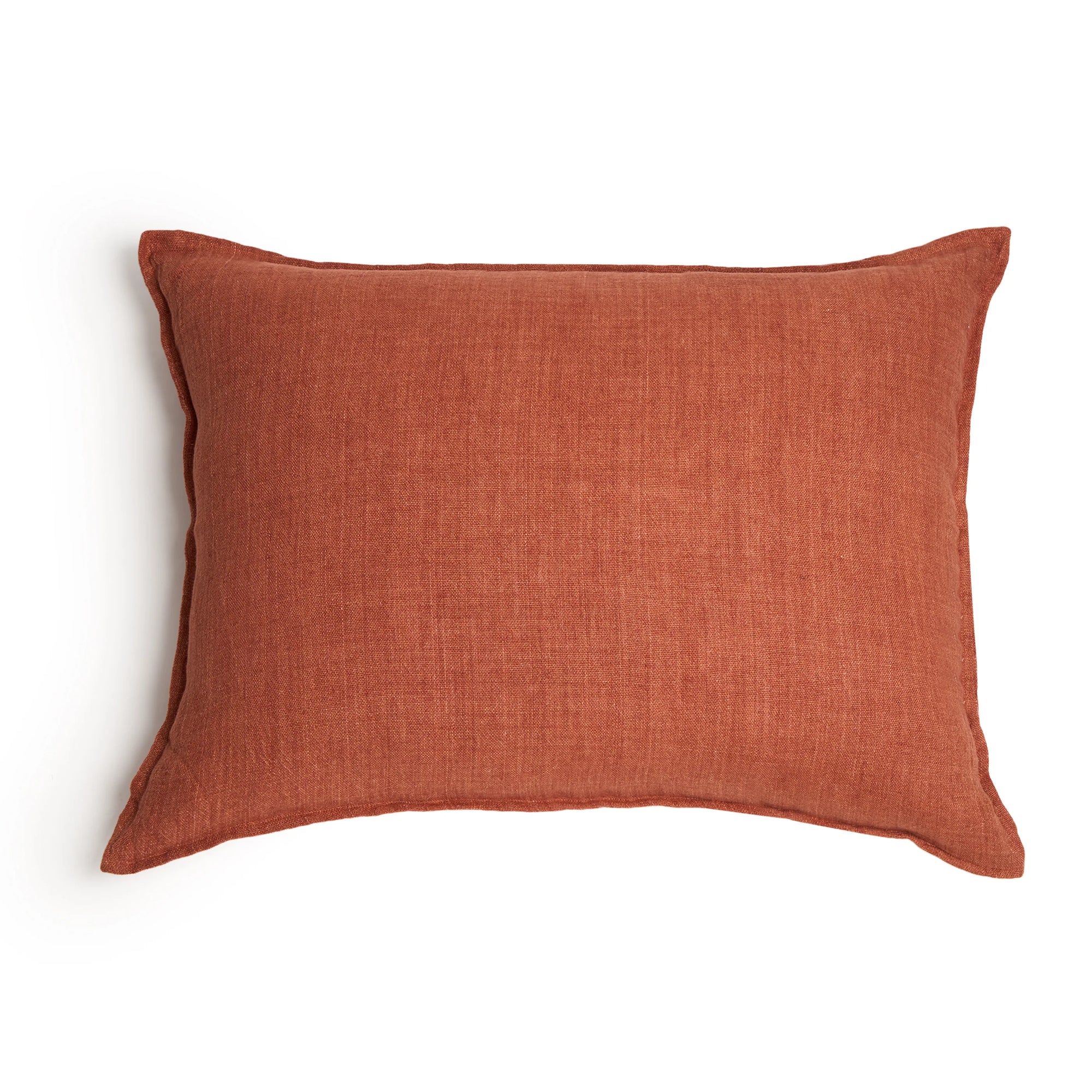 The Montauk Big Pillow 28x36 by POM POM is a rectangular, rust-colored linen pillow with a soft texture and zipper closures, shown against a white background.