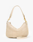 Introducing the Moyen Messenger from Clare Vivier: a beige woven hobo bag crafted from luxurious nappa leather. It features a curved shape and crossbody strap with gold hardware. The zip-top design enhances its sleek silhouette against a plain white background.