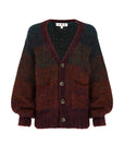 The Nancy Sweater by AMO Denim is a fuzzy, oversized ombré cardigan with a deep V-neck, front buttons, two pockets, and a relaxed fit in dark red, burgundy, and green tones for a cozy, effortless style.