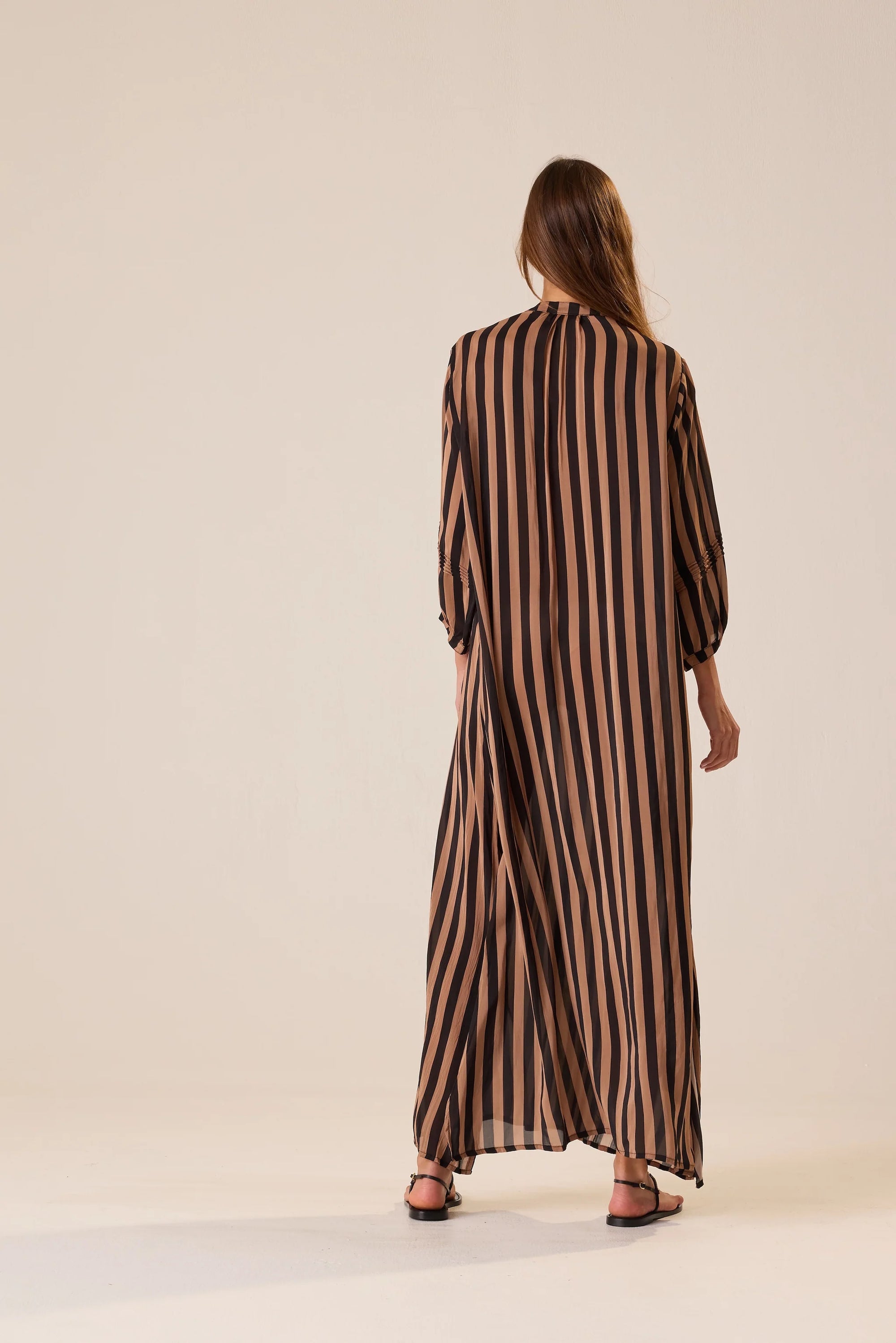 Striped cotton v-neck Sammie Maxi Dress by Natalie Martin, back view, modeled for Bungalow Furniture &amp; Accessories.