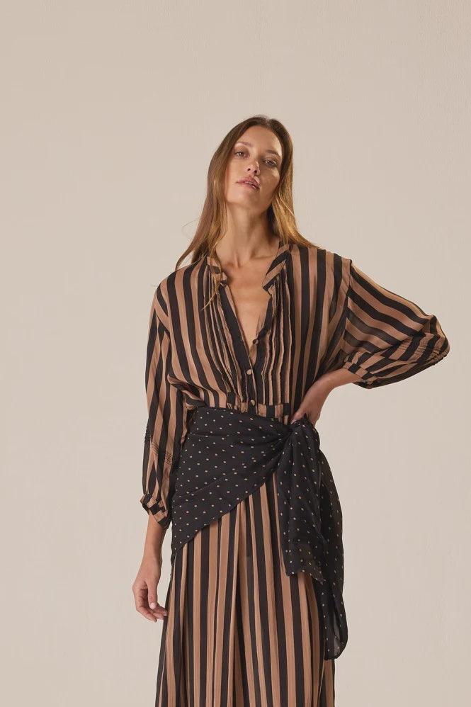 Natalie Martin pareo with hand-printed brown and black stripes, polka dot sash, shown on plain background.