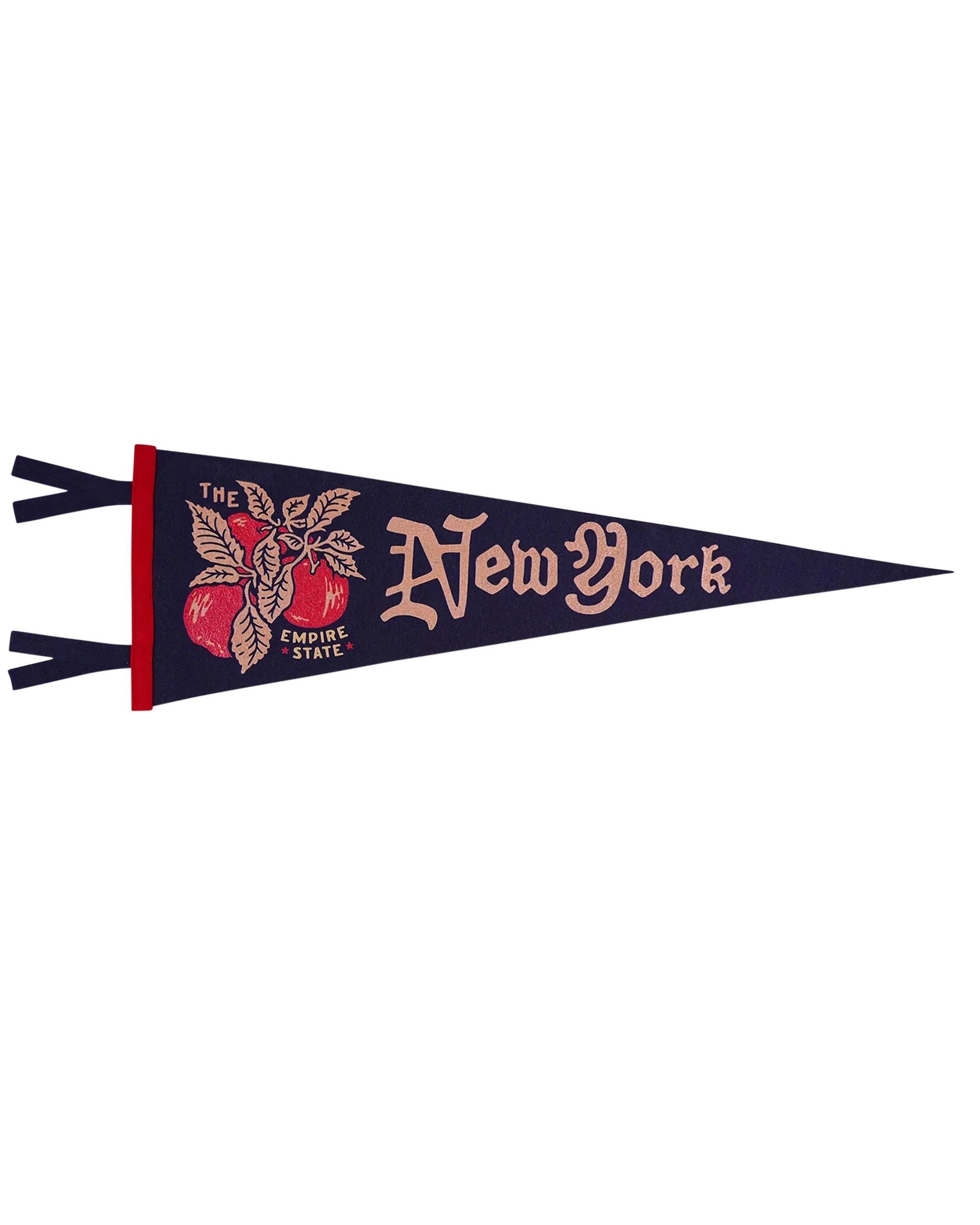 The Oxford Pennant New York Pennant is a navy blue flag with red trim, vintage-style beige “New York” lettering, and a red apple with green leaves labeled “The Empire State”—ideal for any proud New Yorker.