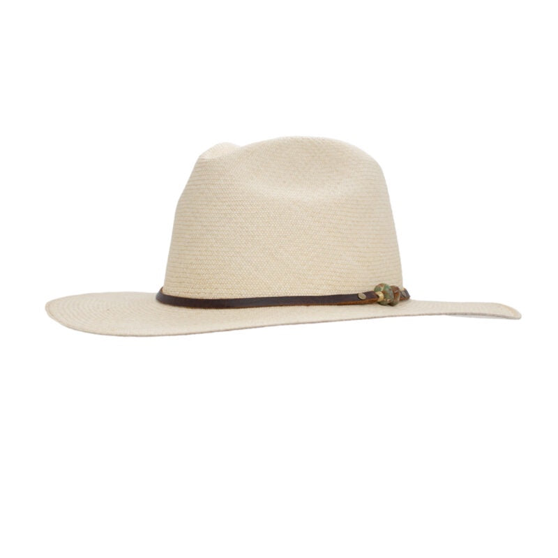 The Lyndon Long Brim by Ninakuru is a natural Toquilla straw cowboy hat, beige with a wide brim, featuring a brown band and decorative knot.