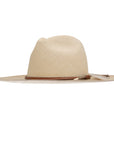 A wide-brimmed, Matteo XLong Brim hat with a brown leather band, isolated on a white background by Ninakuru.