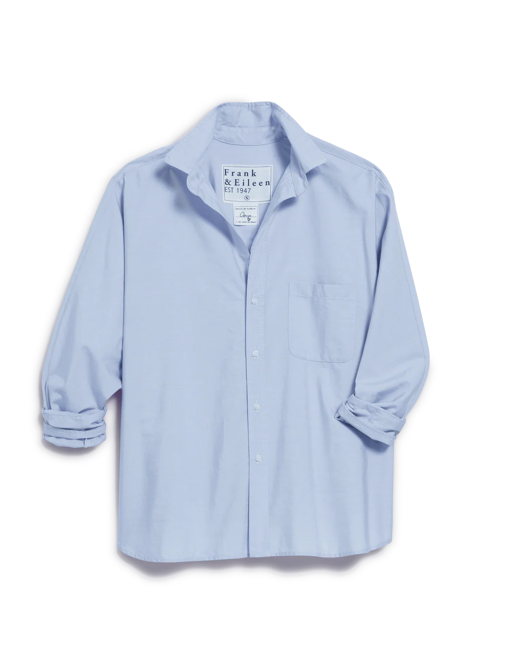 Blue button-up shirt with rolled sleeves, front pocket, and collar tag by Frank &amp; Eileen; regenerative cotton.