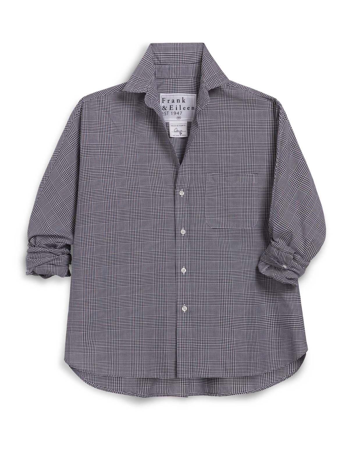 The Frank & Eileen Oona Continuous Button-Up Shirt is a relaxed-fit, long-sleeve black and white plaid shirt with a collar and cuffed sleeves, crafted from 100% cotton.