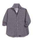 The Frank & Eileen Oona Continuous Button-Up Shirt is a relaxed-fit, long-sleeve black and white plaid shirt with a collar and cuffed sleeves, crafted from 100% cotton.