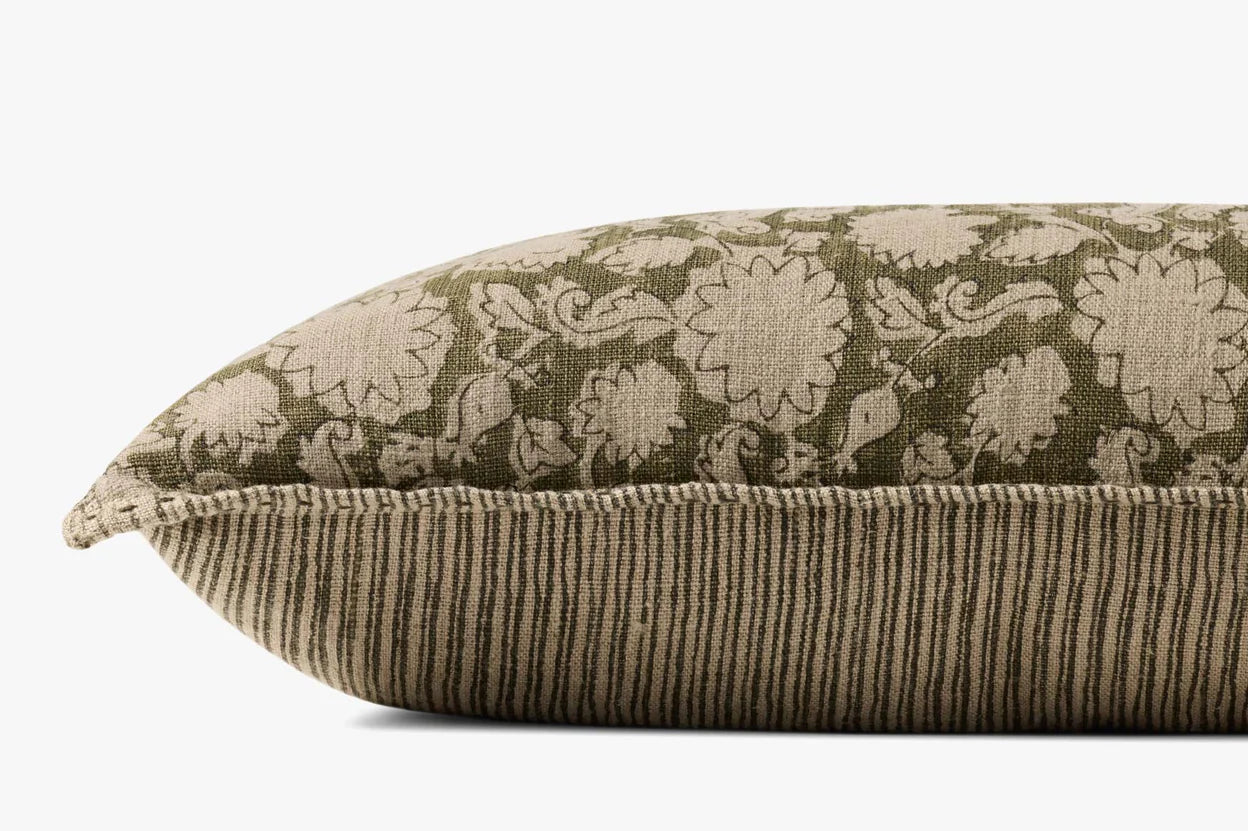The PLL0165 Green Pillow 12x27 by Loloi Rugs features a decorative linen design with a green and beige floral pattern, beige textured fabric with vertical stripes, and a hidden flap zipper for a seamless finish.