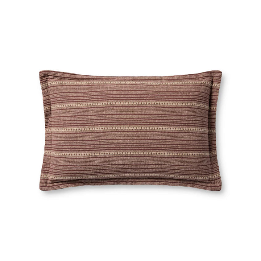 The PCJ0023 Howie Wine Pillow 13x21 by Loloi Rugs is a rectangular decorative pillow with a brown base, horizontal beige and cream stripes, and a textured, machine-woven cotton construction, shown on a white background.