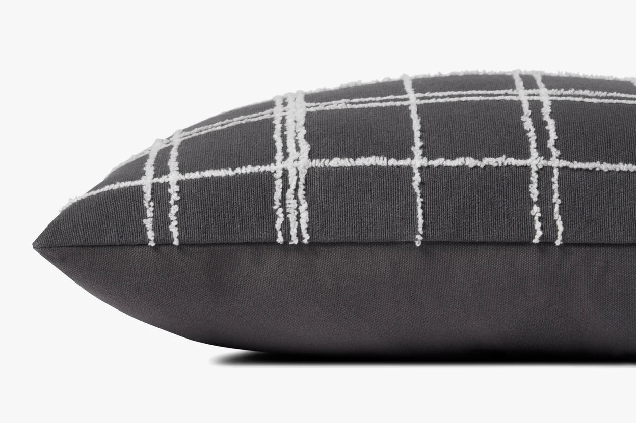 The Loloi Rugs PJS0012 Graphite/Ivory Pillow (13x35) features a dark gray base with a white grid pattern, fuzzy textured lines, and a knife edge design, displayed against a plain white background.