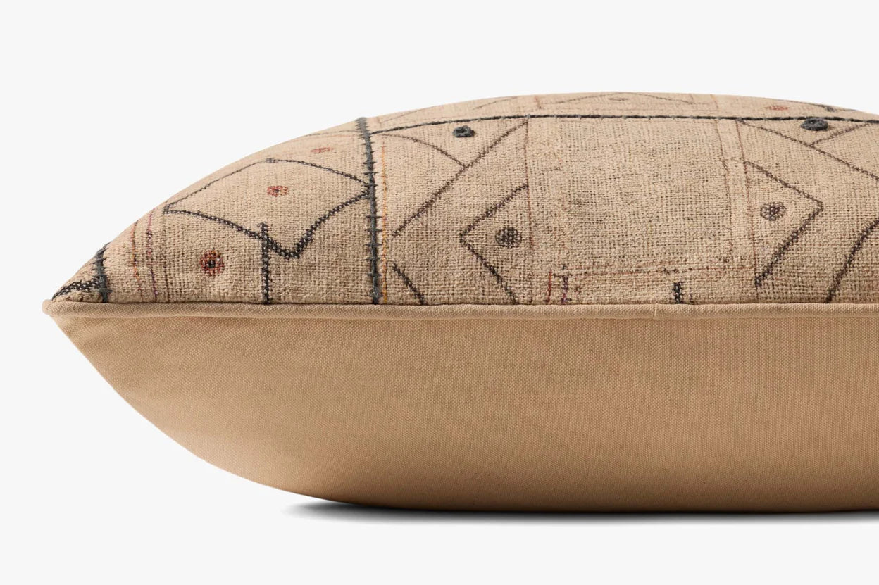 The Loloi Rugs PLL0182 Multi Pillow 22x22 features a rectangular shape, beige fabric back, earthy-toned geometric textured front, and a hidden flap zipper for a seamless finish.