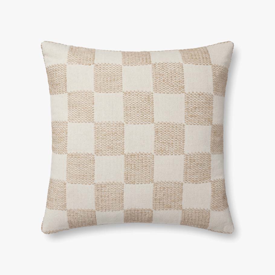 The Loloi Rugs PLL0123 pillow 22x22 features a beige and off-white checkerboard pattern in textured woven fabric, ideal for adding style to your living room. The background is plain white.