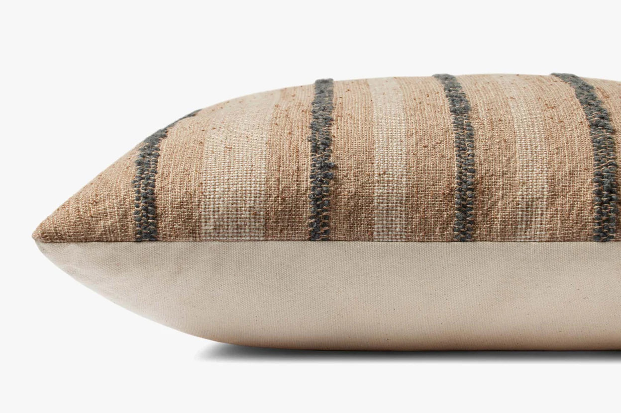 The PAL0038 Elowen Natural pillow by Loloi Rugs features a textured beige and brown woven cotton-polyester top with dark horizontal stripes and a smooth plain beige fabric on the bottom.