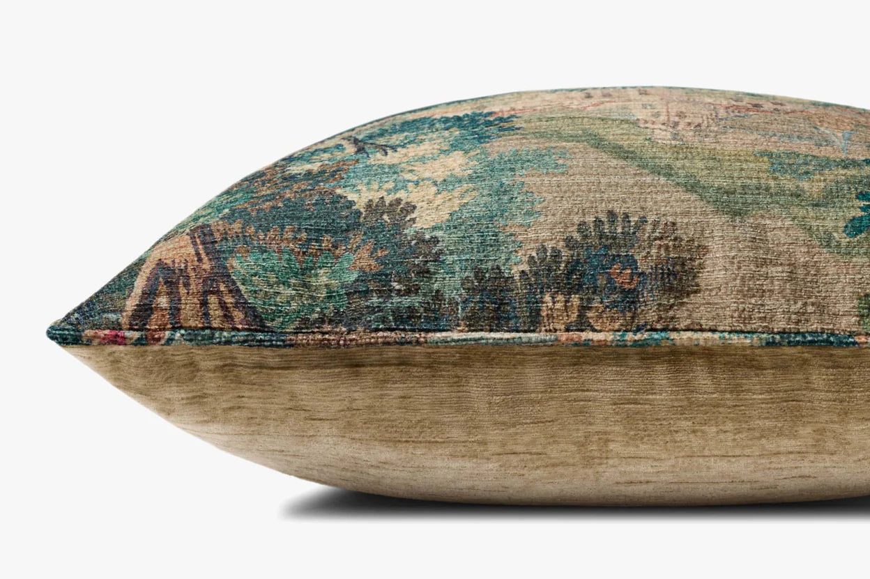 The Loloi Rugs Green/Multi 22x22 throw pillow features a tapestry-like landscape design in soft blue, green, and tan tones with a knife edge and hidden flap zipper, shown side profile on a plain white background.