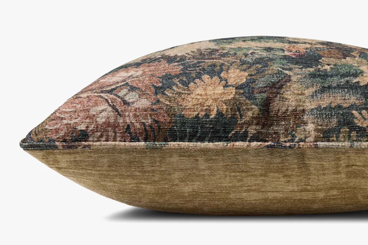 The Loloi Rugs Green/Multi 22x22 throw pillow features a floral tapestry in muted pink, green, and gold, a knife edge design, solid brown-beige velvet back, and a hidden flap zipper for a seamless finish.