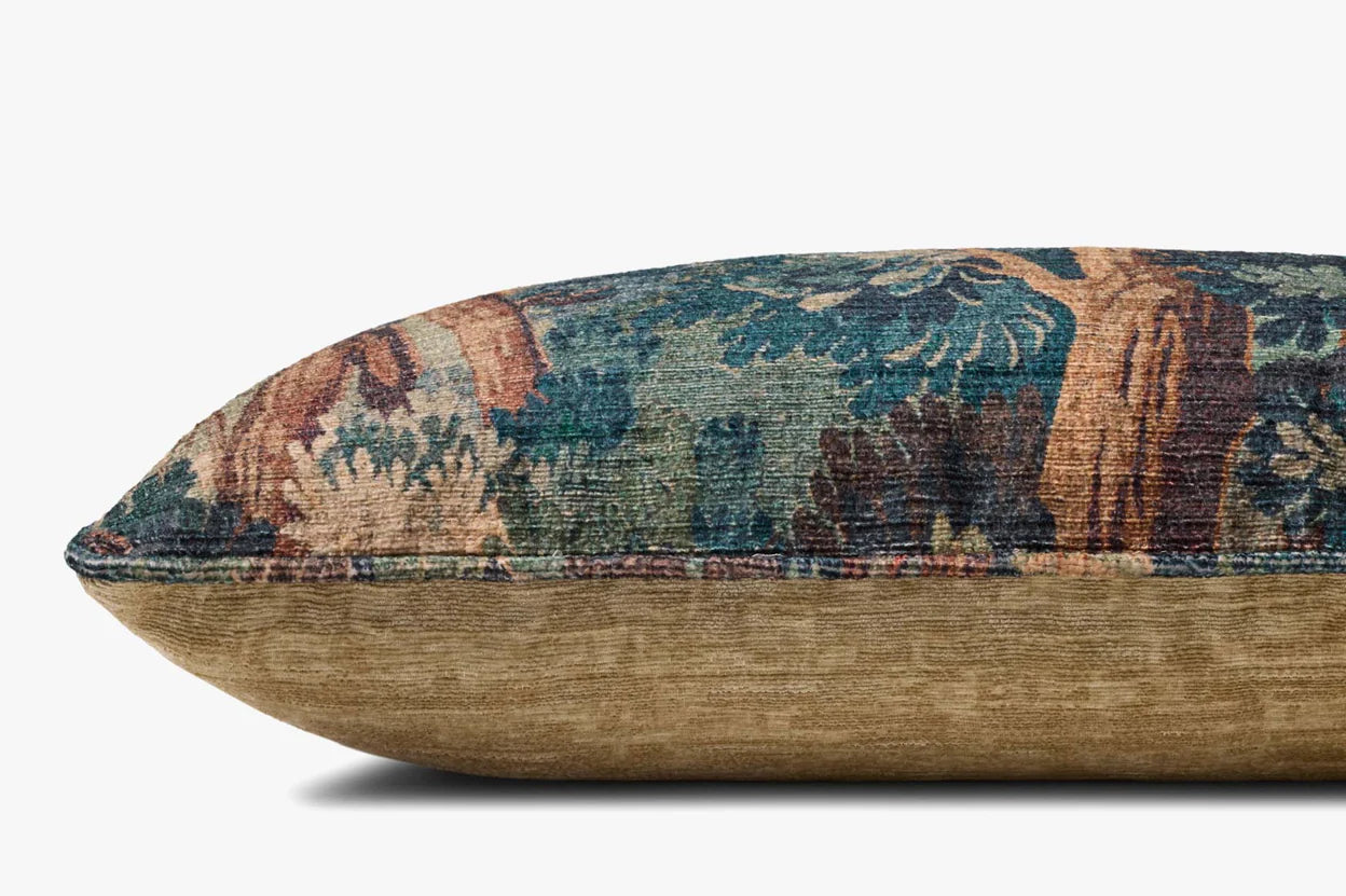 The Loloi Rugs Green/Multi 12x46 pillow features a textured, multicolored top with blue, green, and brown patterns, a solid light brown bottom, and a hidden flap zipper. Shown on a plain white background.