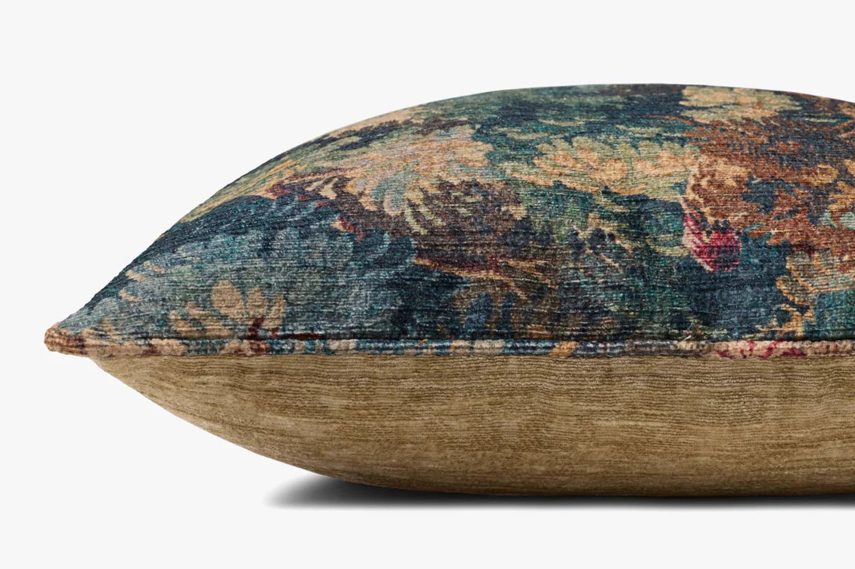 A close-up side view of the Loloi Rugs Green/Multi 20x20 pillow, showcasing a multicolored floral top, solid textured brown bottom, and knife edge design with hidden flap zipper for a seamless finish.