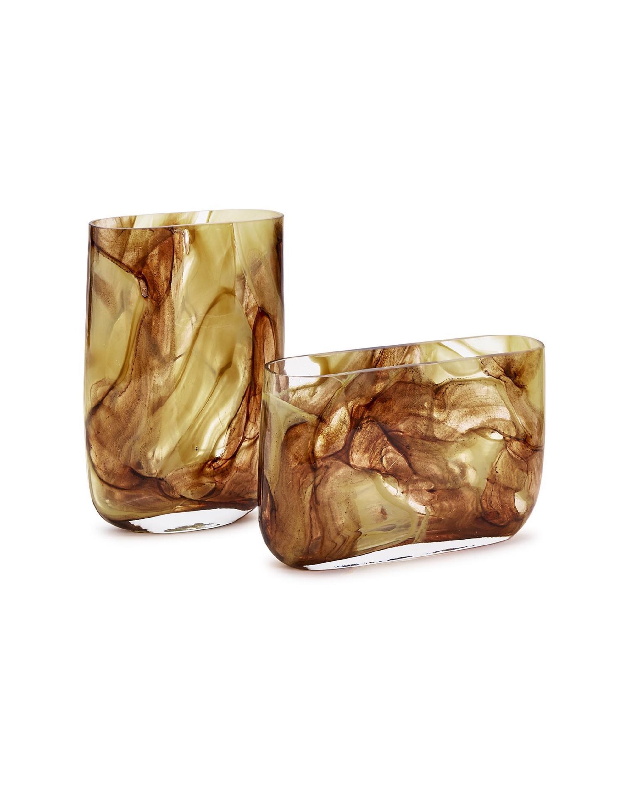 The Two's Company PEH023 Swirl Blown Glass Vases feature abstract brown and amber swirls; one is tall and cylindrical, the other shorter and oval, making them stunning artful accents for any home.