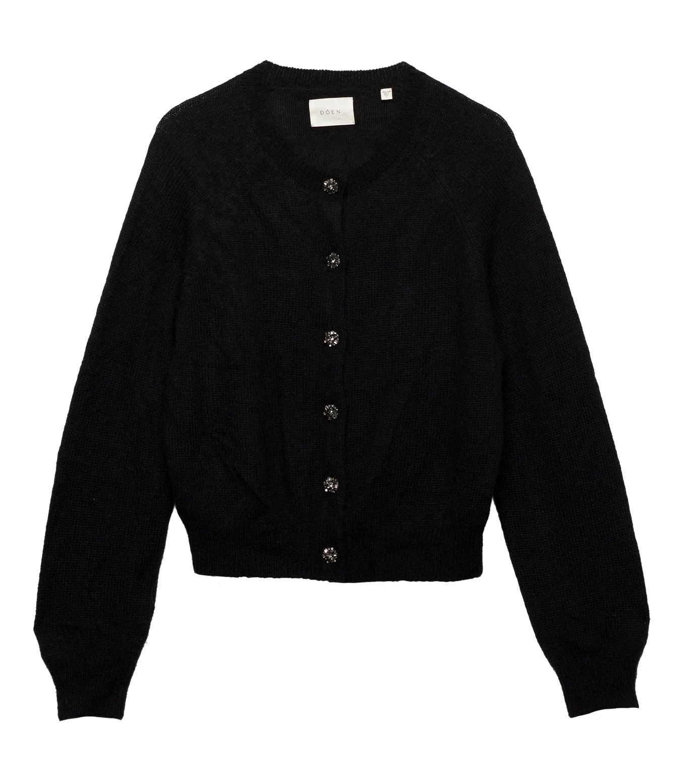 The DOEN Petra Crystal Cardigan is a black long-sleeve style with a round neckline and crystal fleurette buttons, made from soft alpaca merino wool and shown laid flat on a white background.