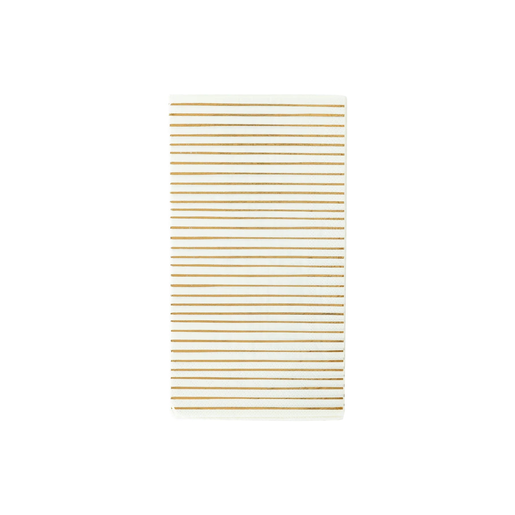 A rectangular, white Guest/Dinner Napkin by My Mind's Eye with evenly spaced golden horizontal ridges. The simple, elegant design is clean and symmetrical, reminiscent of practical size napkins, and it is placed against a plain white background.