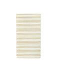 A rectangular, white Guest/Dinner Napkin by My Mind's Eye with evenly spaced golden horizontal ridges. The simple, elegant design is clean and symmetrical, reminiscent of practical size napkins, and it is placed against a plain white background.