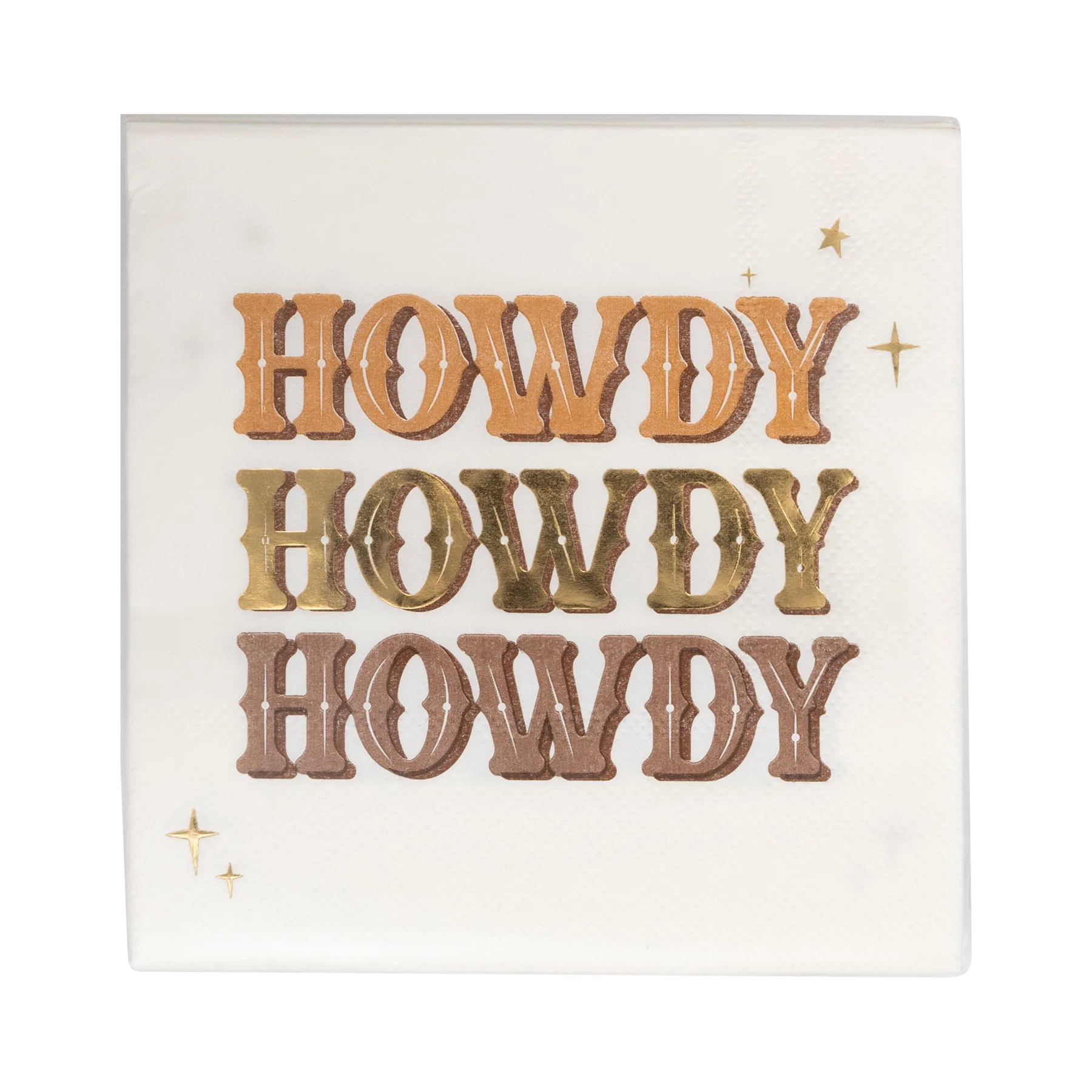 The My Mind's Eye Cocktail Paper Napkin features "HOWDY" repeated three times in large orange, gold, and copper metallic letters with four small gold stars—an ideal festive touch for your summer barbeque.