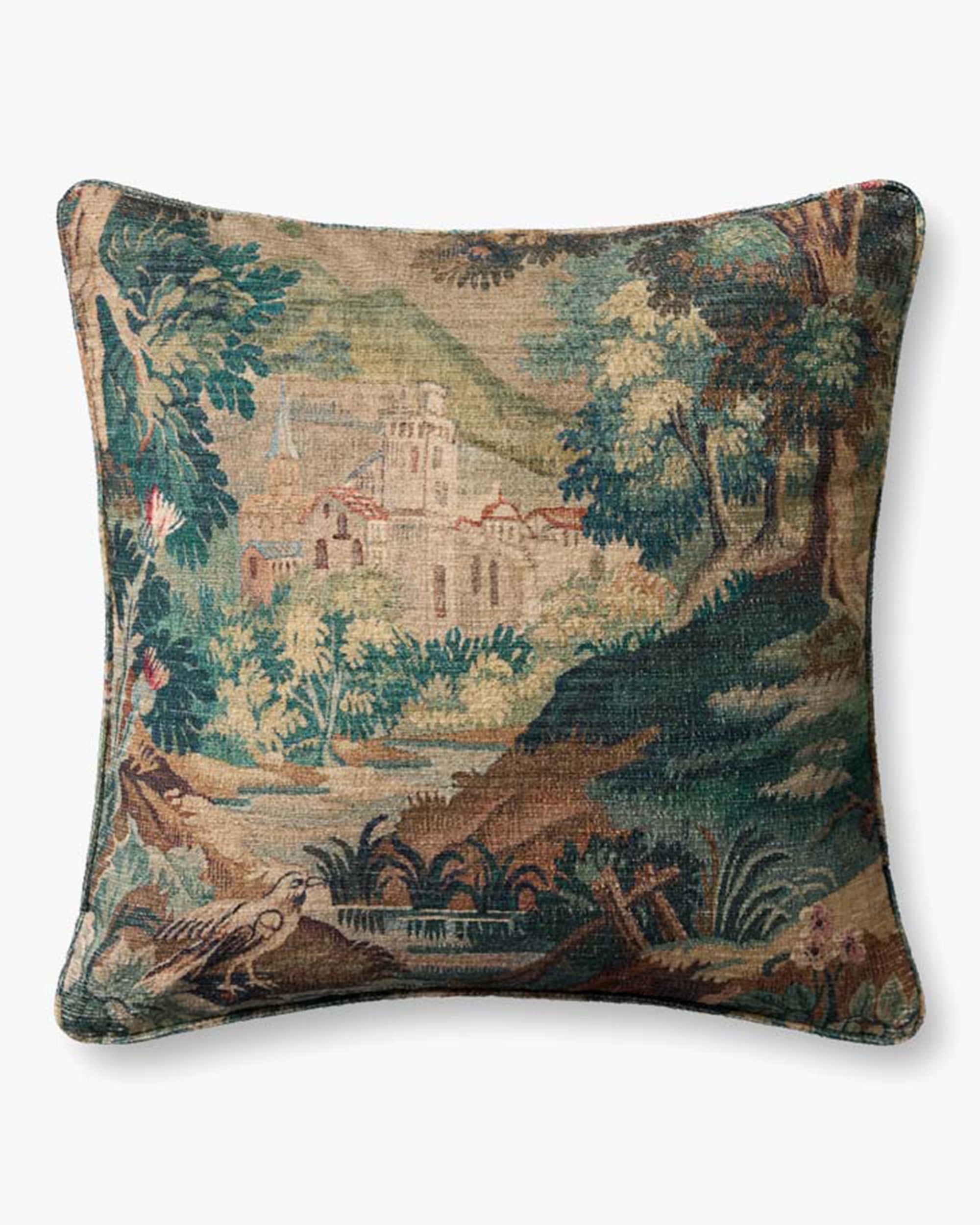 The Loloi Rugs Green/Multi 22x22 pillow features a tapestry-style scenic landscape of trees, foliage, and a historic building in muted tones, with knife-edge finishing and a hidden flap zipper for easy cover removal.