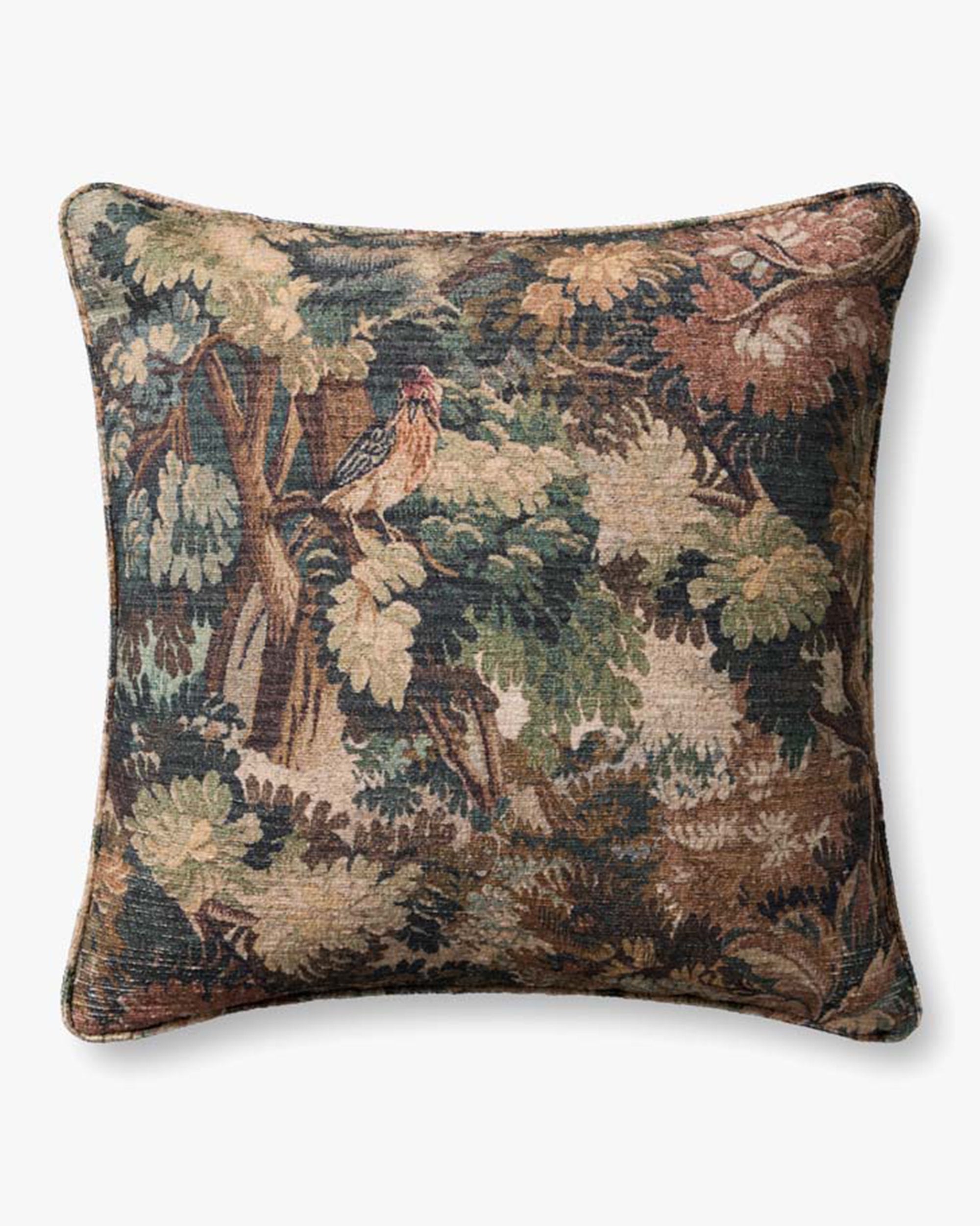 The Loloi Rugs Green/Multi 22x22 decorative pillow features a tapestry-style bird on a tree branch with green and brown foliage, knife-edge corners, and a hidden flap zipper for a seamless finish.
