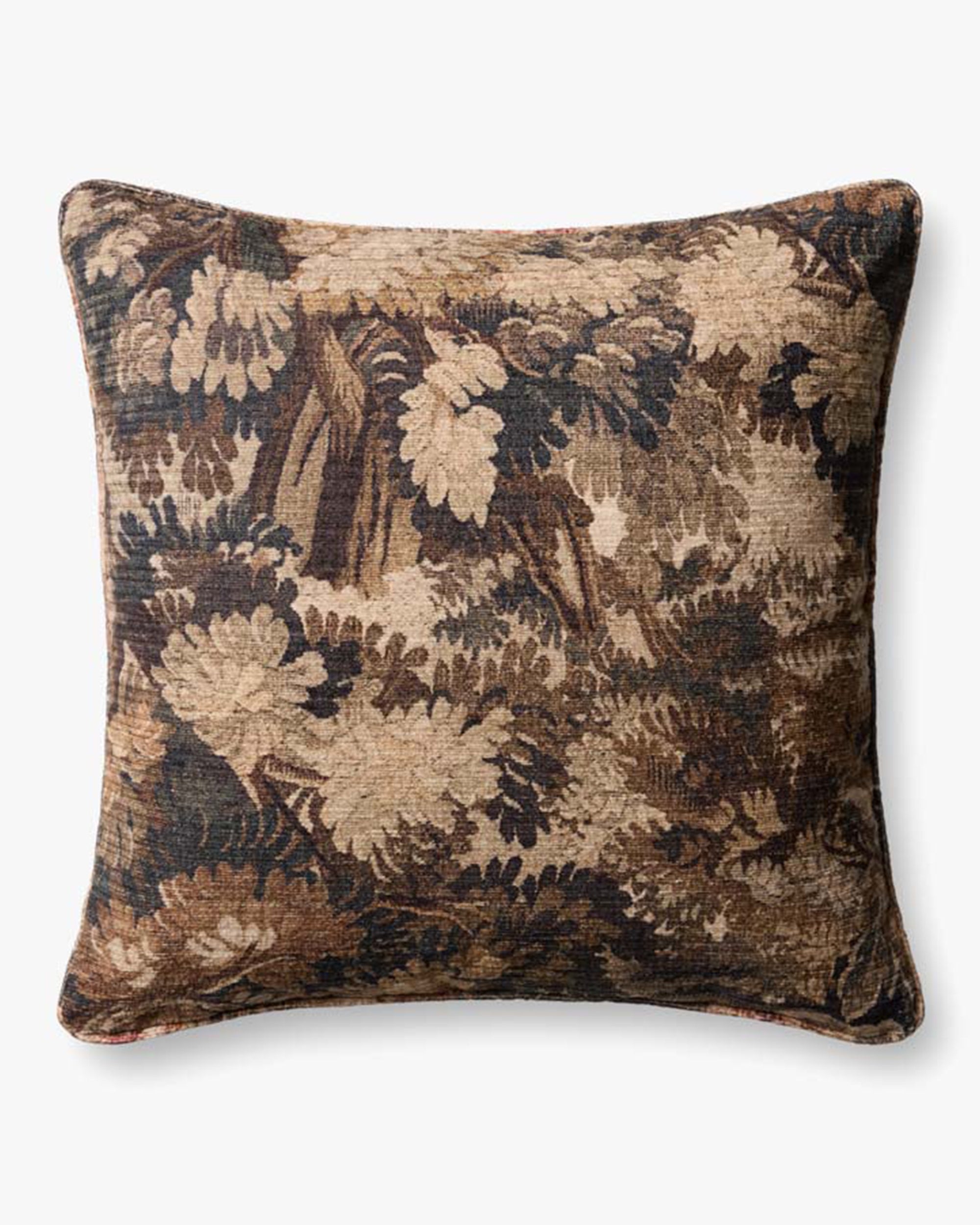 The Loloi Rugs Brown/Multi 22x22 decorative pillow features a tapestry-inspired floral and foliage pattern in muted earth tones on white, finished with a sleek knife edge for a refined look.