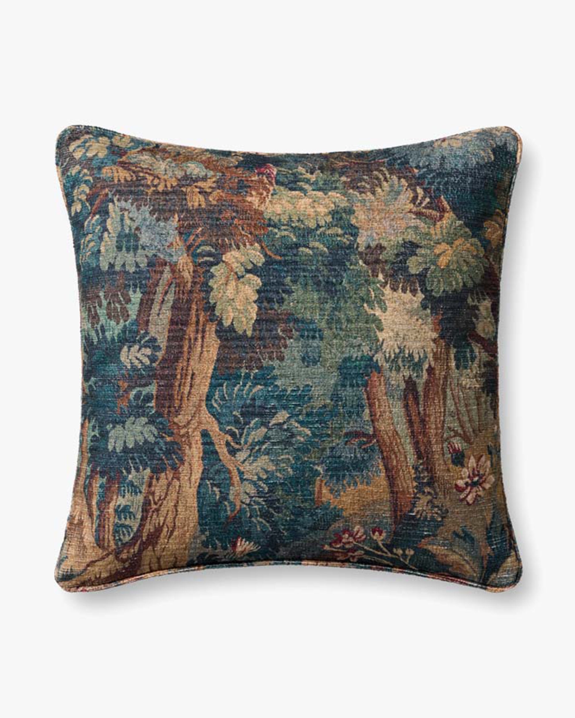The Loloi Rugs Green/Multi 20x20 pillow features a tapestry-style forest scene in green, blue, and brown tones with a knife edge and hidden flap zipper for a seamless finish.