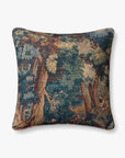 The Loloi Rugs Green/Multi 20x20 pillow features a tapestry-style forest scene in green, blue, and brown tones with a knife edge and hidden flap zipper for a seamless finish.
