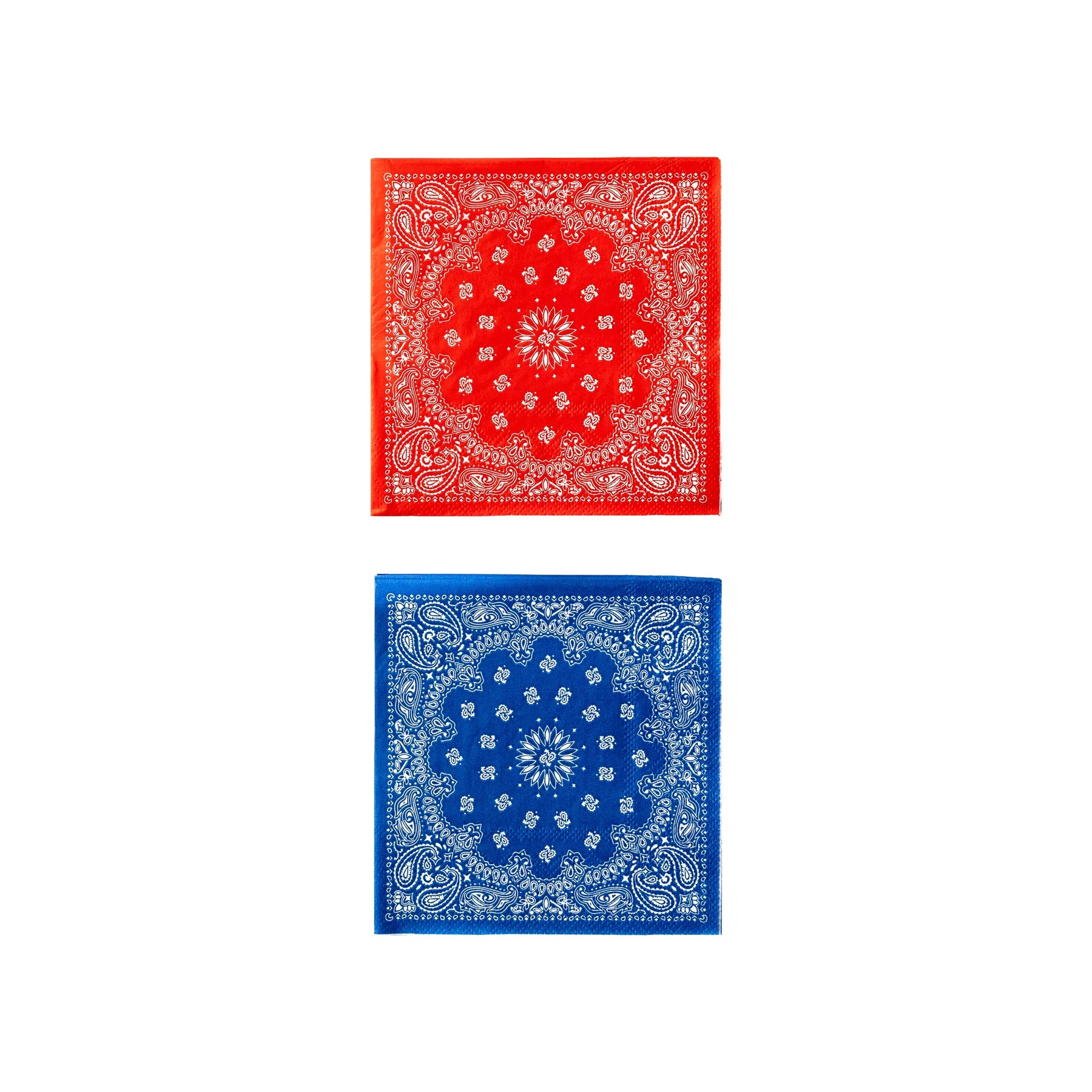 Two square Cocktail Paper Napkins by My Mind's Eye, one red and one blue with intricate white paisley patterns, are displayed vertically on a white background—ideal for holiday gatherings or stylish summer barbecues.