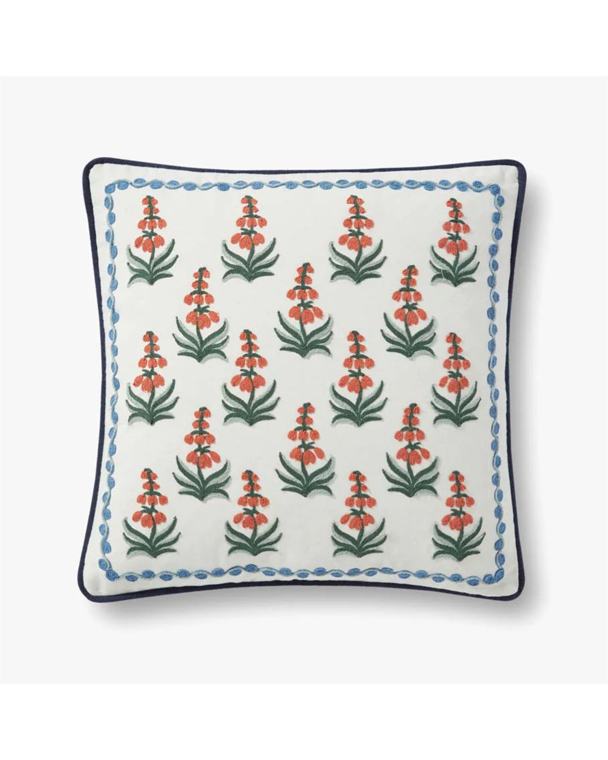 The Red Flower Pillow 18x18 by Loloi Rugs is a cotton square pillow with a white background, orange and green embroidered floral pattern, blue scalloped border, and hidden zipper, inspired by Rifle Paper Co. designs.