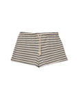 The Perfectwhitetee French Terry Short features thin horizontal navy stripes, an elastic waistband with a cream drawstring, and is made from soft french terry cotton. Displayed on a plain white background.