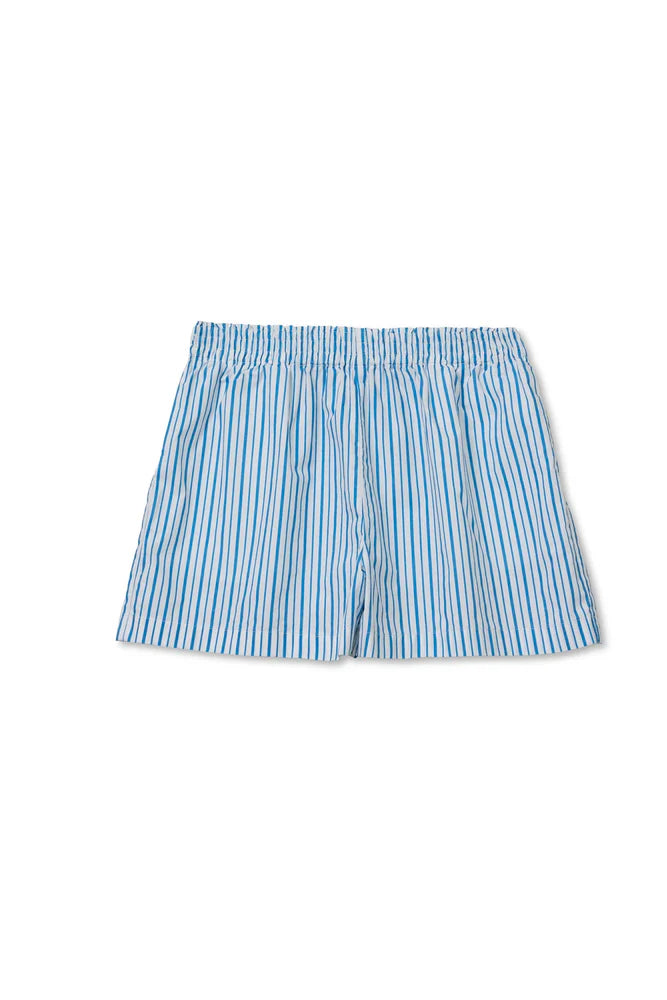 The Julie Poplin Short by Perfectwhitetee features light blue cotton poplin with thin vertical dark blue and white stripes, a smocked elastic waistband, and offers effortless summer comfort and style—displayed on a white background.