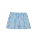 The Julie Poplin Short by Perfectwhitetee features light blue cotton poplin with thin vertical dark blue and white stripes, a smocked elastic waistband, and offers effortless summer comfort and style—displayed on a white background.