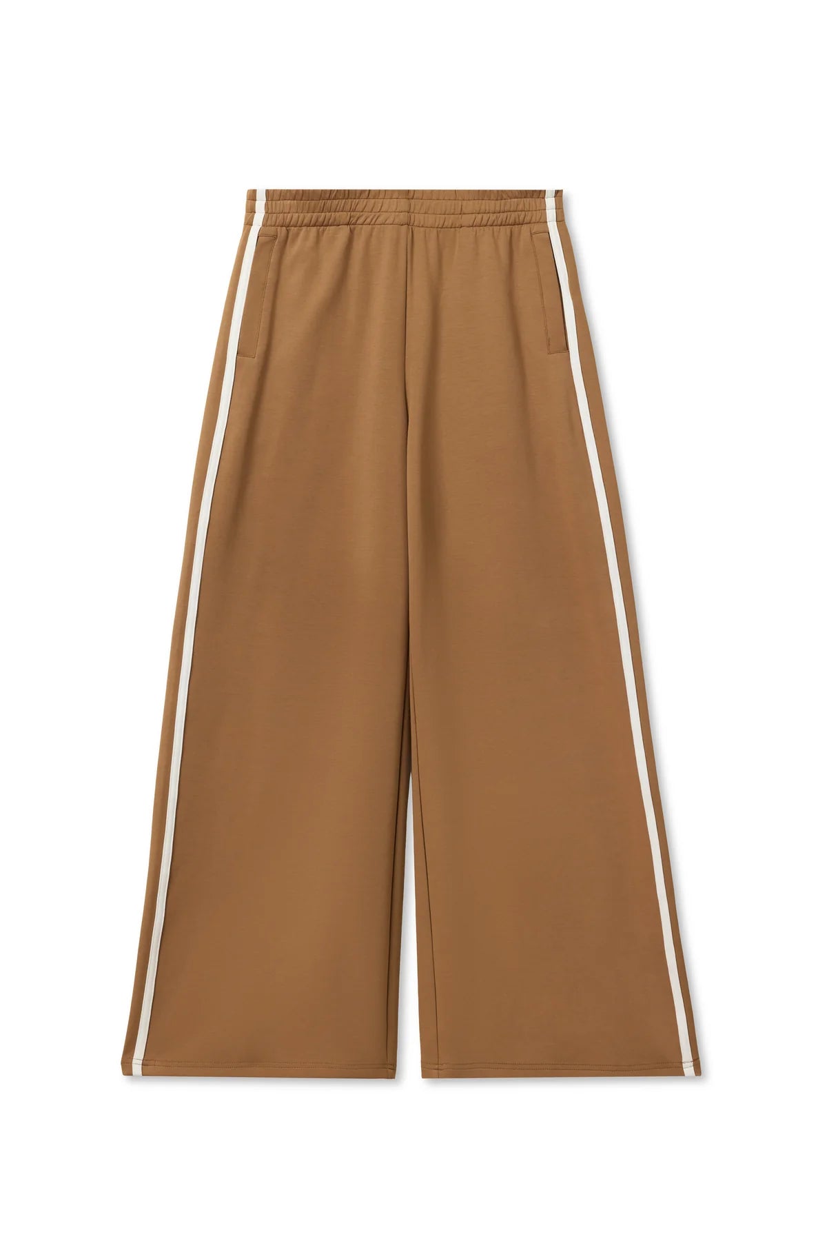 The Mikos Travel Wideleg Pant by Perfectwhitetee, in brown with white side stripes, features an elastic waistband and side pockets, shown laid flat on a white background.
