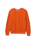 The Ziggy Reverse LS Sweatshirt by Perfectwhitetee in bright orange features a shrunken fit, textured cotton fleece, and ribbed cuffs, collar, and hem. Shown laid flat on a white background.