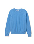 The Ziggy Reverse LS Sweatshirt by Perfectwhitetee is a light blue, shrunken-fit, long-sleeve cotton fleece crewneck with ribbed cuffs, collar, and hem, shown laid flat on a white background.